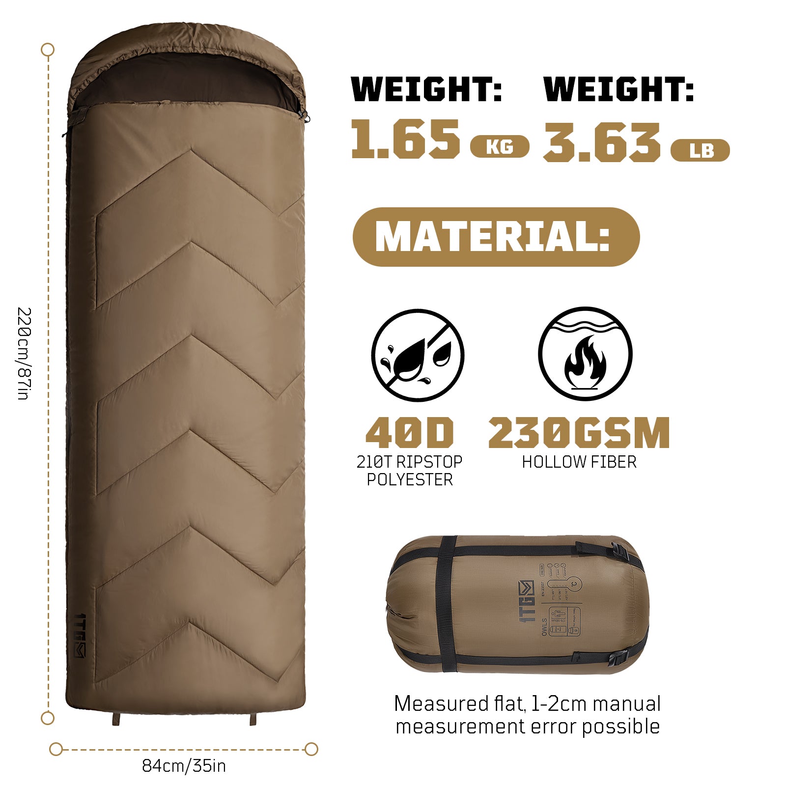 1TG Tactical Warm Weather Sleeping Bag for Camping, 36℉ to 45℉ Backpacking Sleeping Bags for Adults with Compression Sack for Camping, Hiking, Hunting and Outdoor Travel